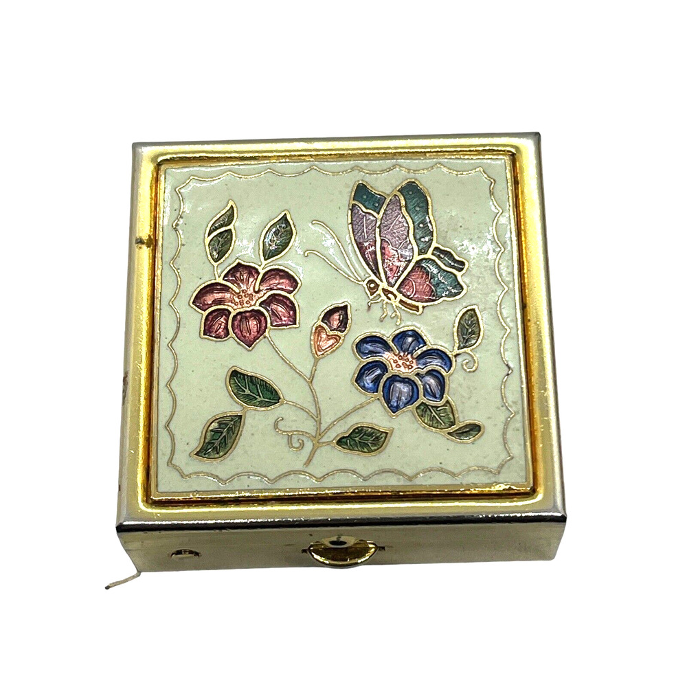 Butterfly Cloisonne Pill Trinket Box Mirror Retro Gold Tone Flower Cream Purple